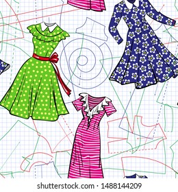 Seamless vector sewing pattern with paper patterns and sketches of vintage dresses