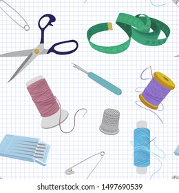 Seamless vector sewing pattern with paper patterns and sewing tools.