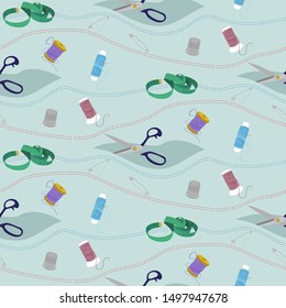 Seamless vector sewing pattern with paper patterns and sewing tools