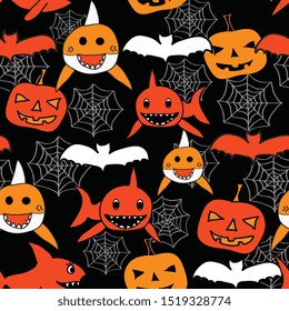 Seamless vector shark halloween pattern. shark, pumpkin, spider web and bats in red, orange and black and white color on black background.