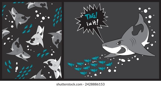 Seamless vector shark pattern. Repeating print with gray sharks chasing small blue fish on a dark gray background. Cartoon comic sea creature graphic.