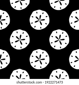 Seamless vector shell pattern.  Nautical design with trendy geometric sand dollars. White seashell shapes on a black background. Perfect for fashion, textile design, home decor, and cute fabric.