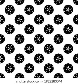 Seamless vector shell pattern.  Nautical design with trendy geometric sand dollars. White seashell shapes on a black background. Perfect for fashion, textile design, home decor, and cute fabric.