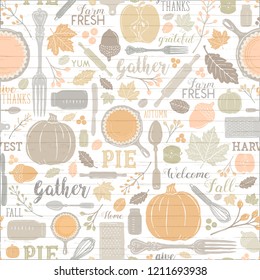 Seamless Vector Shiplap Autumn Leaves & Pumpkin Apple Pie Baking Pattern In Warm Pastel Fall Colors. Great For Backgrounds, Stationery, Home Decor, Textiles, Fabrics, Greeting Cards, & Paper Crafting.