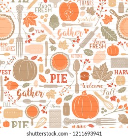 Seamless Vector Shiplap Autumn Leaves & Pumpkin Apple Pie Baking Pattern in Warm Bright Fall Colors. Great for backgrounds, stationery, home decor, textiles, fabrics, greeting cards, & paper crafting.