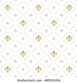 Seamless vector silver and golden ornament. Modern geometric pattern with royal lilies