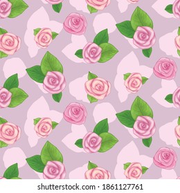 Seamless vector simple flowers. Hand drawn watercolour effect roses, buds and leaves isolated.