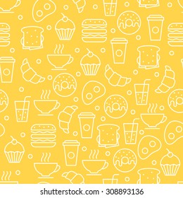 Seamless Vector Simple Linear Food Pattern. Breakfast Illustration Of Tea, Coffee, Juice, Sandwich, Fried Egg, Burger, Croissant, Donut, Cupcake. Concept For Breakfast Menu, Bar, Cafe, Restaurant.