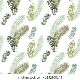 Seamless vector simple pattern with green tropical palm leaves on white background 