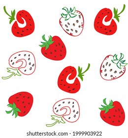 Seamless vector simple summer pattern with strawberries in the form of an outline drawing and a full color image of two different types of stylization on a white background.