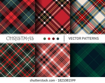 Seamless vector six plaid patterns. Set of Christmas tartan patterns. Collection of happy new year traditional backgrounds. For packaging, fabric, textile, cover etc.