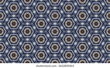 Seamless vector of six-petaled flower in the center of a six-pointed star surrounded by a circle. In blue and brown tones.