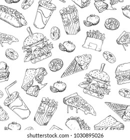 Seamless vector sketch background, retro illustration. Wallpaper, backdrop, texture, pattern. Template for menu, packaging, advertising, web design, printing. hand drawn fast food.