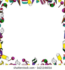 Seamless. Vector. Sketch icons for invitation, flyer, poster. Picture in white, black and purple colors. Hand-drawn doodle frames.