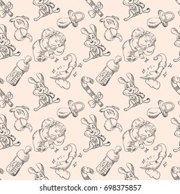 Seamless vector sketch of a sleeping baby and toys in a dream
