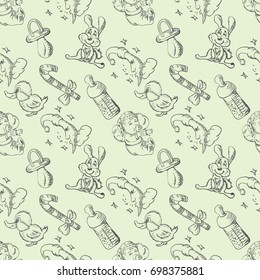 Seamless vector sketch of a sleeping baby and toys in a dream
