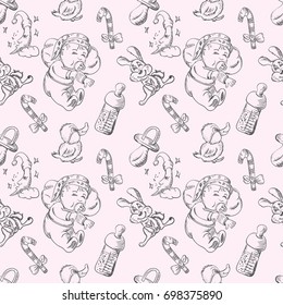 Seamless vector sketch of a sleeping baby and toys in a dream