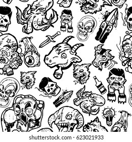 Seamless vector sketched background black and white pattern with comic personages, objects, signs, stickers. Tattoo art design. 