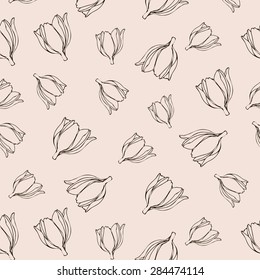Seamless vector sketched tulips on dusty rose background pattern
