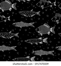 Seamless vector sketches of sea and river fish animal. Pike, carp, perch, sardine isolated fish sketch, sport or fish market theme. Prints for clothing, textiles, paper and web.