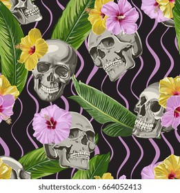 Seamless Vector Skull WIth Exotic Flowers Pattern