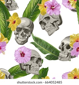 Seamless Vector Skull WIth Exotic Flowers Pattern