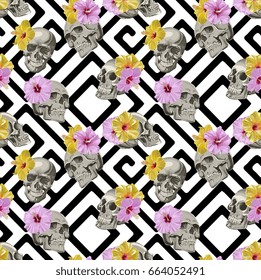 Seamless Vector Skull WIth Exotic Flowers Pattern