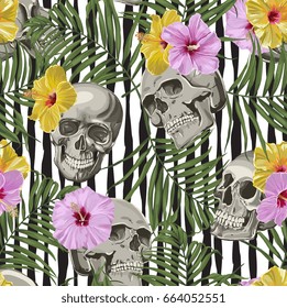 Seamless Vector Skull WIth Exotic Flowers Pattern