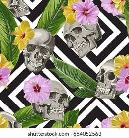 Seamless Vector Skull WIth Exotic Flowers Pattern