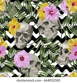 Seamless Vector Skull WIth Exotic Flowers Pattern