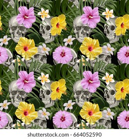 Seamless Vector Skull WIth Exotic Flowers Pattern