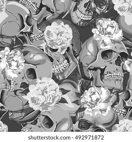 Seamless Vector Skull In Flowers Pattern