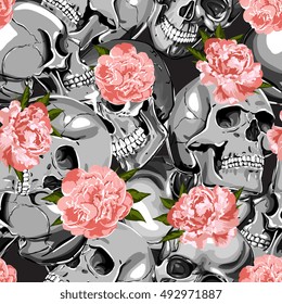 Seamless Vector Skull In Flowers Pattern