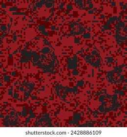 Seamless vector skull pattern. Repeating print with black skulls on a red tonal pixel background.