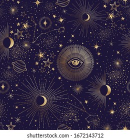 Seamless vector sky night pattern with stars, sun, moon, constellation, planet and eyes. Wallpaper, background, cloth design template, fabric, tissue, cotton, cover, textile, yoga mat, phone case