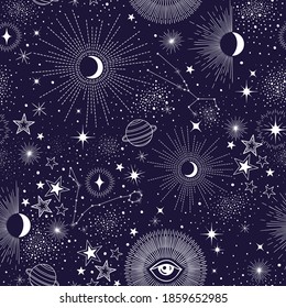 Seamless vector sky night pattern with stars, sun, moon, constellation, planet and eyes. Wallpaper, background, cloth design template, fabric, tissue, cotton, cover, textile, yoga mat, phone case