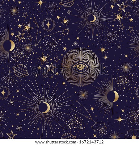 Seamless vector sky night pattern with stars, sun, moon, constellation, planet and eyes. Wallpaper, background, cloth design template, fabric, tissue, cotton, cover, textile, yoga mat, phone case