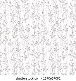 Seamless vector with small field branches with flowers and abstract elements in the form of small oval drops, or splashes, arranged vertically on a white background. Pattern for textiles, dishes, tile