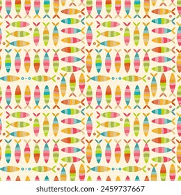 Seamless vector of small fish silhouettes, set against a neutral beige background. It features vibrant, jelly-inspired colors in a strict composition, creating a visually stunning and hypnotic design