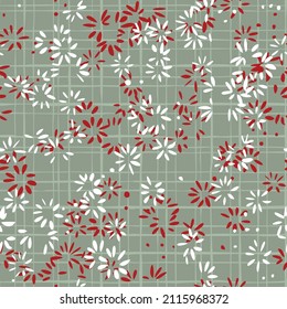 seamless vector small flower pattern with strips on green background 