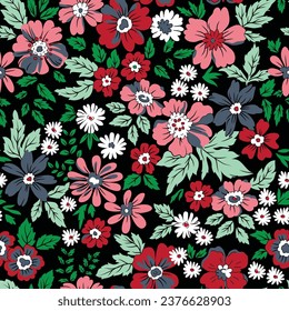 seamless vector small flower pattern on black background