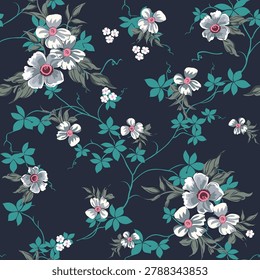 seamless vector small flower pattern on navy background