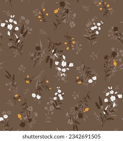 seamless vector small flowers pattern on brown background