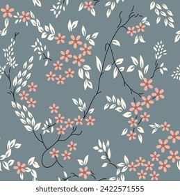 seamless vector small flowers pattern and leaves pattern on grey background