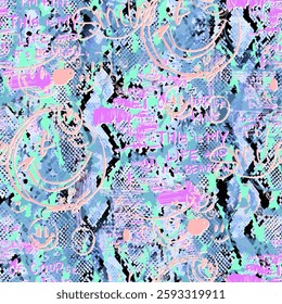 Seamless vector snake pattern background in neon green, pink, peach, and blue colors, with graffiti tagging style. Bold wall art design, perfect for modern textiles, fashion, and urban decoration.