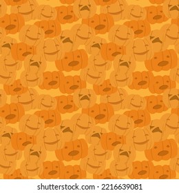 Seamless vector solid pattern of pumpkins. Autumn pattern for halloween decor. Illustration on an orange background. Orange pumpkins with faces for print, decoration, web, sites, design