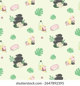 Seamless vector spa pattern with hot stones, candles, tropical leaves, eye masks and essential oils on soft pastel background