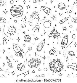 Seamless vector space doodle pattern. Planets, rockets, stars, comets, ufo, asteroid, constellations isolated on white background. Outline astronomical objects set. Vector childrens cute illustration