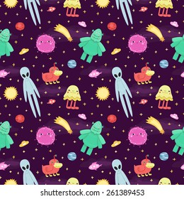 Seamless vector space pattern with cute and funny cartoon aliens and monsters. For kids and adults.