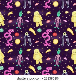 Seamless vector space pattern with funny cartoon aliens and monsters. For kids and adults.